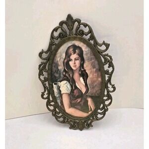 VTG Italian Florentine Brass Frame Portrait Lady Oval Gallery Wall Art 8"